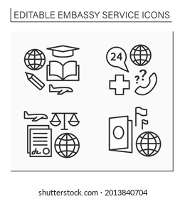 Embassy Service Line Icons Set. Student Visa, Notary Services, Passport, Medical Support. Diplomatic Mission Concept. Isolated Vector Illustration. Editable Stroke