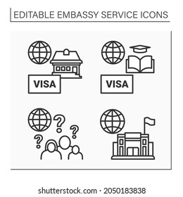 Embassy service line icons set. Student visa, residence, consulate, child and family matters. Diplomation mission concept. Isolated vector illustrations. Editable stroke