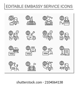 Embassy Service Line Icons Set. Consultation, Advice About Migration To Abroad. Government In Another State.Citizen Rights. Diplomation Mission Concept. Isolated Vector Illustrations. Editable Stroke