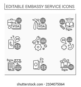 Embassy service line icons set. Clients support, consultation about health, notary service. Travel, student visa. Diplomatic mission concept. Isolated vector illustration. Editable stroke