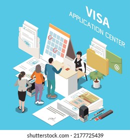 Servicios de embajadas de apoyo de antecedentes isométricos con personas que reciben documentos personales oficiales en el centro de solicitud de visa ilustración vectorial