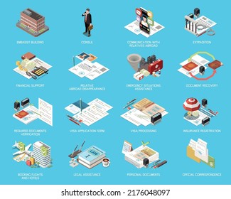 Embassy services support isometric set representing visa application form booking flights and hotels insurance registration extradition functions isolated vector illustration