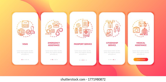 Embassy support onboarding mobile app page screen with concepts. Passport help. Social service walkthrough 5 steps graphic instructions. UI vector template with RGB color illustrations