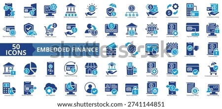 embedded finance icon set flat style illustration. containing user verification, identity check, fraud detection, account linking, open banking, pay later, payment, platform, secure, subscription
