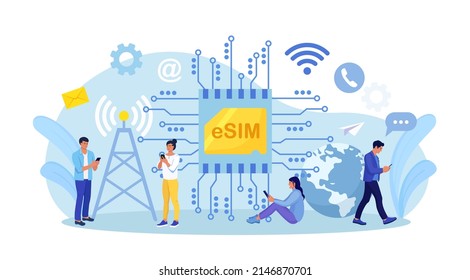 Embedded sim card on microcircuit. Young people use modern mobile phone with eSIM card chip. Smartphone without classical sim card. New digital technology. Cellphone with integrated circuit card