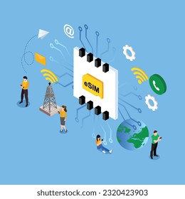 Embedded sim card on microcircuit isometric 3d vector illustration concept for banner, website, illustration, landing page, flyer, etc