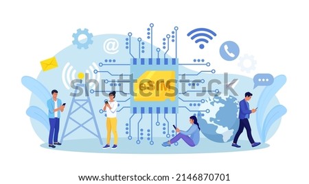 Embedded sim card on microcircuit. Young people use modern mobile phone with eSIM card chip. Smartphone without classical sim card. New digital technology. Cellphone with integrated circuit card
