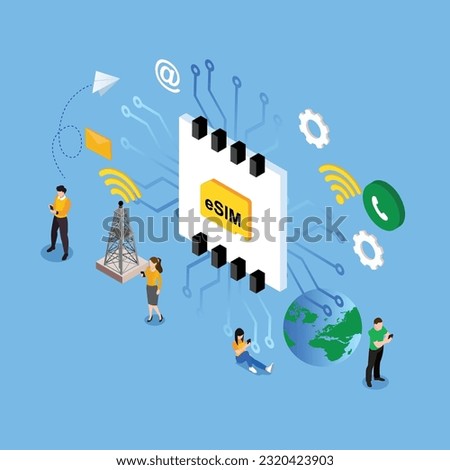 Embedded sim card on microcircuit isometric 3d vector illustration concept for banner, website, illustration, landing page, flyer, etc