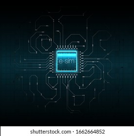 Embedded SIM concept. New mobile communication technology. Concept for mobile sim card technology and network. Futuristic projection esim card. vector illustration  5G Sim Card. Wireless cellphone.