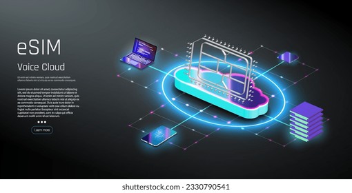 Embedded SIM concept. New mobile communication technology. Concept for mobile sim card technology and network. Futuristic projection esim card. vector illustration 5G Sim Card. Wireless cellphone.