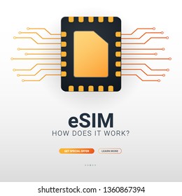 Embedded SIM. eSIM - electronic sim phone new mobile communication technology. Vector Illustration