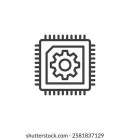 Embedded Systems line icon. linear style sign for mobile concept and web design. A microchip with a gear inside outline vector icon. Hardware programming symbol, logo illustration. Vector graphics