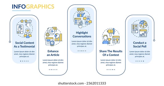 Embeddedness in social networks rectangle infographic template. Polls. Data visualization with 5 steps. Editable timeline info chart. Workflow layout with line icons. Lato-Bold, Regular fonts used
