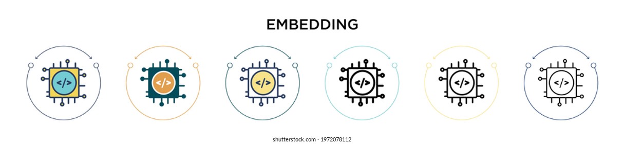 Embedding icon in filled, thin line, outline and stroke style. Vector illustration of two colored and black embedding vector icons designs can be used for mobile, ui, web