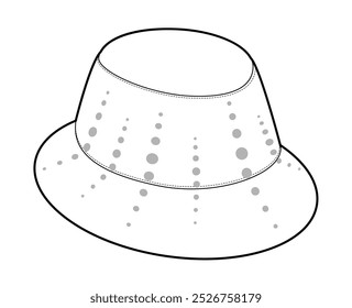 Embellished Luxury Bucket Hat. Summer Head Fashion accessory cap clothing technical illustration. Vector headgear for Men, women, unisex style, flat template CAD mockup sketch outline isolated