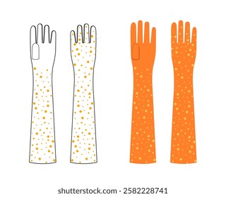 Embellished Opera Gloves Elbow length orange cartoon and CAD mockup Fashion hand accessory clothing technical illustration garment. Vector front palm back view for Men women unisex style flat template