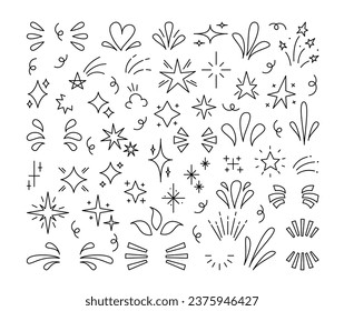 Embellishment for Lettering Editable Stroke. Cute Line Art Doodle Decoration. Sketch Outline Design Elements, Stars, Swirls and Flourishes.