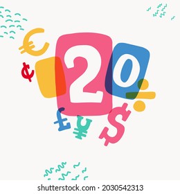 Emblem with 20 percent sale typewriter-inspired with bold slab serif letters in colorful frames. Hand-drawn style sticker.