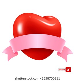 Emblem with 3d red heart and pink ribbon. Conceptual design element for Valentine's Day, wedding, engagement, etc. Isolated on white background, realistic vector illustration