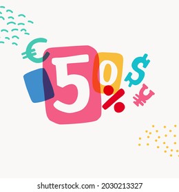 Emblem with 50 percent sale typewriter-inspired with bold slab serif letters in colorful frames. Hand-drawn style sticker.