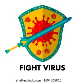 Emblem about fighting the corona virus with a sword, vaccine and medicine