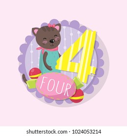 Emblem With Adorable Kitten And Number 4 Four . Colorful Education Flash Card For Preschool Kids. Learn To Count. Flat Vector Design For Math Book, Sticker Or Postcard