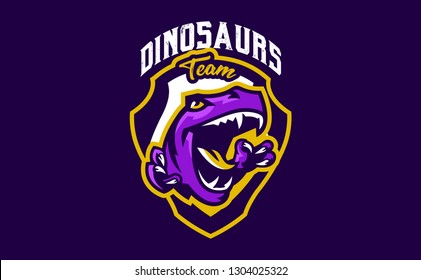 The emblem of an aggressive dinosaur, sharp teeth. Sports logo dino. Extinct predatory, Jurassic period. Vector illustration