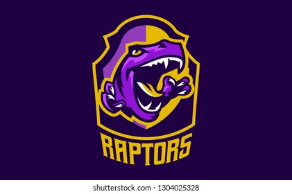 The emblem of an aggressive dinosaur, sharp teeth. Sports logo dino. Extinct predatory, Jurassic period. Vector illustration