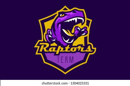 The emblem of an aggressive dinosaur, sharp teeth. Sports logo dino. Extinct predatory, Jurassic period. Vector illustration