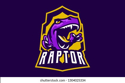 The emblem of an aggressive dinosaur, sharp teeth. Sports logo dino. Extinct predatory, Jurassic period. Vector illustration