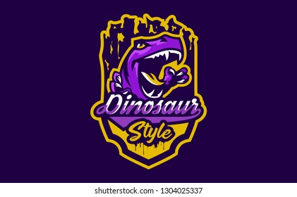 The emblem of an aggressive dinosaur, sharp teeth. Sports logo dino. Extinct predatory, Jurassic period. Vector illustration