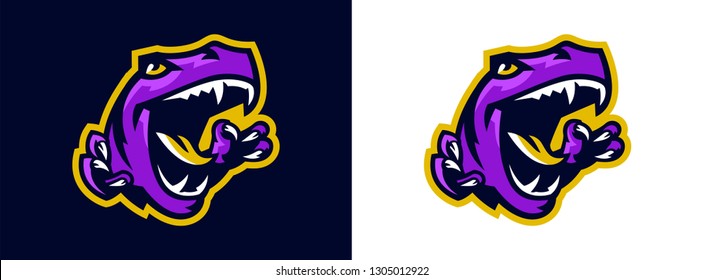 The Emblem Of An Aggressive Dinosaur, Sharp Teeth. Sports Logo Dino. Extinct Predatory, Jurassic Period. Vector Illustration