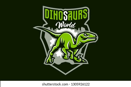 The emblem of an aggressive dinosaur, sharp teeth. Sports logo dino. Extinct predatory, Jurassic period. Vector illustration