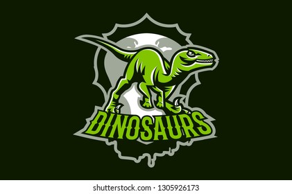 The emblem of an aggressive dinosaur, sharp teeth. Sports logo dino. Extinct predatory, Jurassic period. Vector illustration