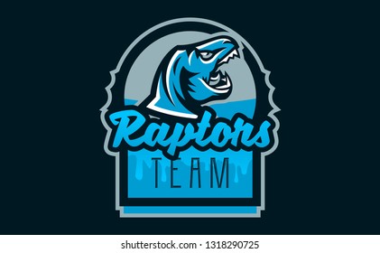 The emblem of an aggressive dinosaur, sharp teeth. Sports logo dino. Extinct predatory, Jurassic period. Vector illustration