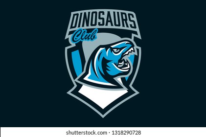 The emblem of an aggressive dinosaur, sharp teeth. Sports logo dino. Extinct predatory, Jurassic period. Vector illustration