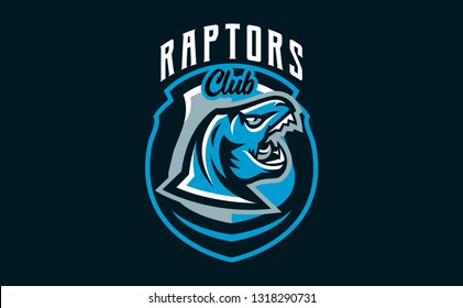 The emblem of an aggressive dinosaur, sharp teeth. Sports logo dino. Extinct predatory, Jurassic period. Vector illustration