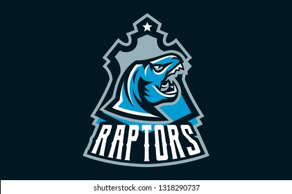 The emblem of an aggressive dinosaur, sharp teeth. Sports logo dino. Extinct predatory, Jurassic period. Vector illustration