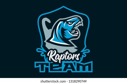 The emblem of an aggressive dinosaur, sharp teeth. Sports logo dino. Extinct predatory, Jurassic period. Vector illustration