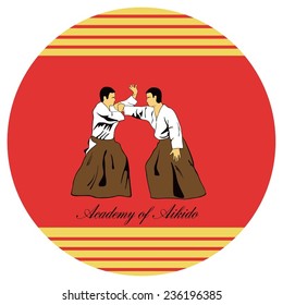 Emblem of aikido, two men get busy on a red background.