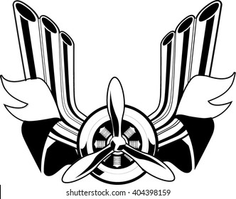 emblem of aircraft engine with exhaust pipes and label 