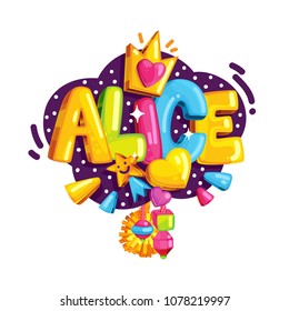 The emblem of Alice. Colored cartoon vector illustration for children design for girl