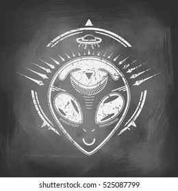 Emblem With An Alien. Imitation Boards And Chalk. Beautiful Symmetric Sign With A Stranger. It Can Be Used For Printing On T-Shirts Or Ideas For Tattoos.