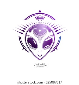 Emblem With An Alien On A White Background. Beautiful Symmetric Sign With A Stranger. It Can Be Used For Printing On T-Shirts Or Ideas For Tattoos.