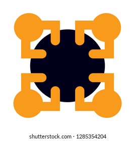Emblem of alliance deal ideograph. Squad of four yellow crew council job debate at black round table in office room. Top view of help plan idea concept. Creative art graphic design on white background