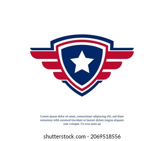 Emblem American Veteran Flag Emblem Wings with Shield Patriotic Logo Design Template Element