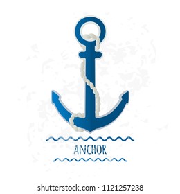 Emblem with an anchor on a white background, with a grunge texture. Inscription with waves, icon. On white background, isolated, vector illustration.