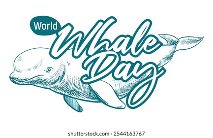 Emblem with an appeal to save marine mammals. Whale Day, February 19, 2025. Vector monochrome linear drawing of a beluga whale. Concept of the problem of preserving animal diversity in the ocean.