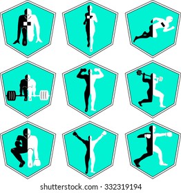 The emblem with the athlete, a sport logo, the runner on start, the person runs, sports training, track and field athletics, weightlifting, a bar raising, exercise with dumbbells, heavy weight,