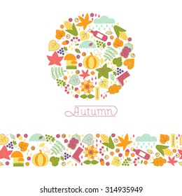 Emblem of autumn, and horizontal seamless pattern.Collection of icons of autumn season and autumn activities.